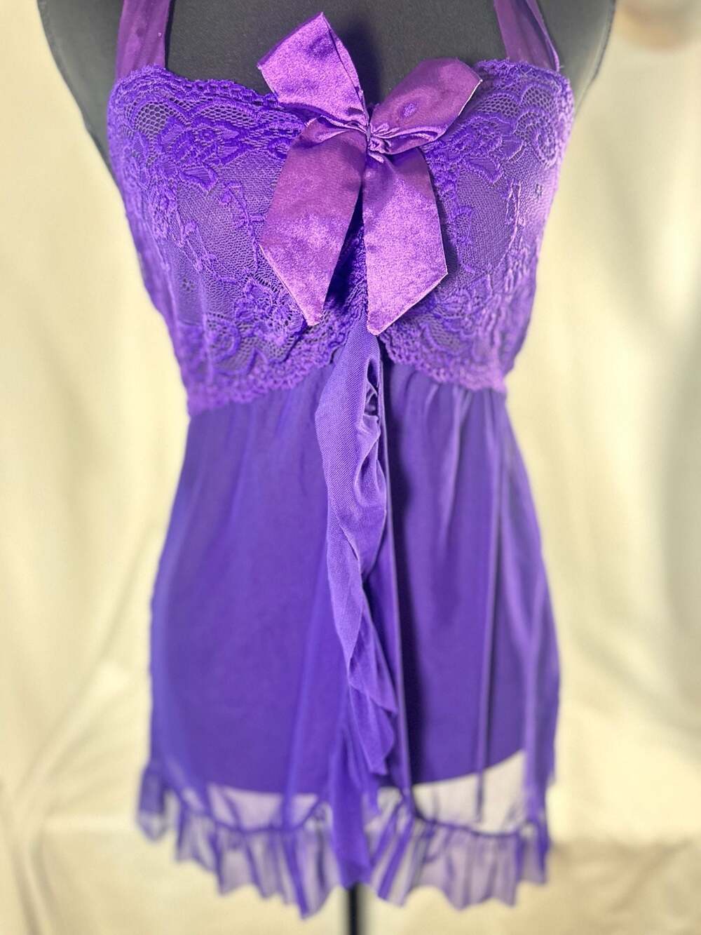 Avidlove Purple Lace Mesh Babydoll Lingerie Chemise with Satin Bow